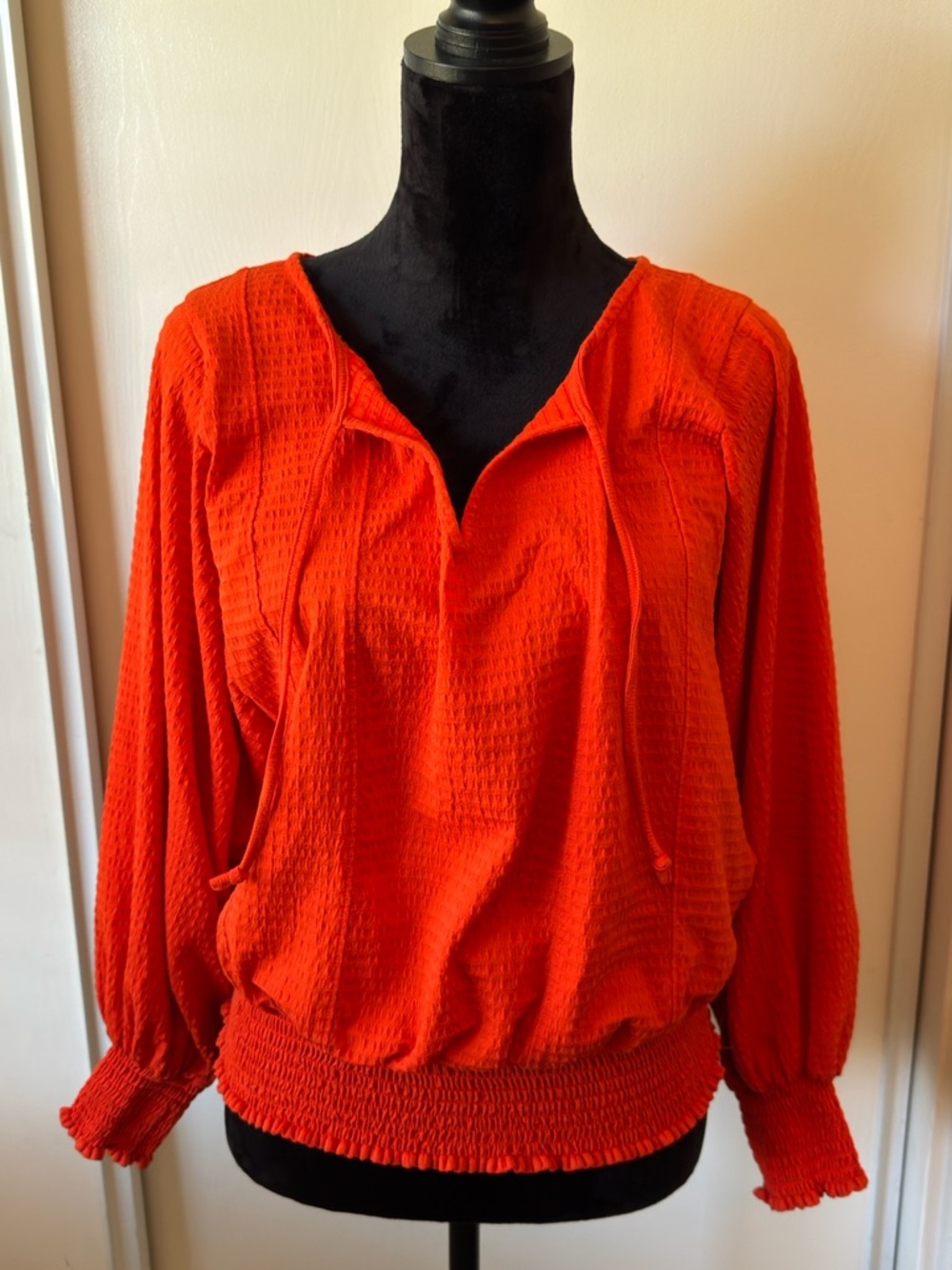 Anthropologie Bright Orange Waffle-Knit Drawcord Pullover